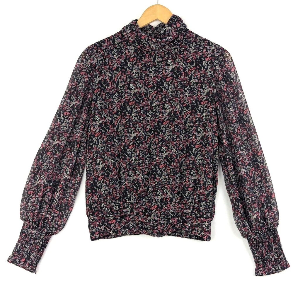Evereve Womens S Scarlett Gathered Mock Neck Floral Keyhole Back Blouse Top